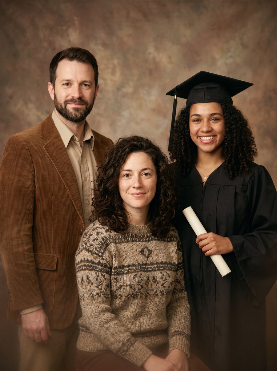 Vintage studio portrait of a graduate with her parents